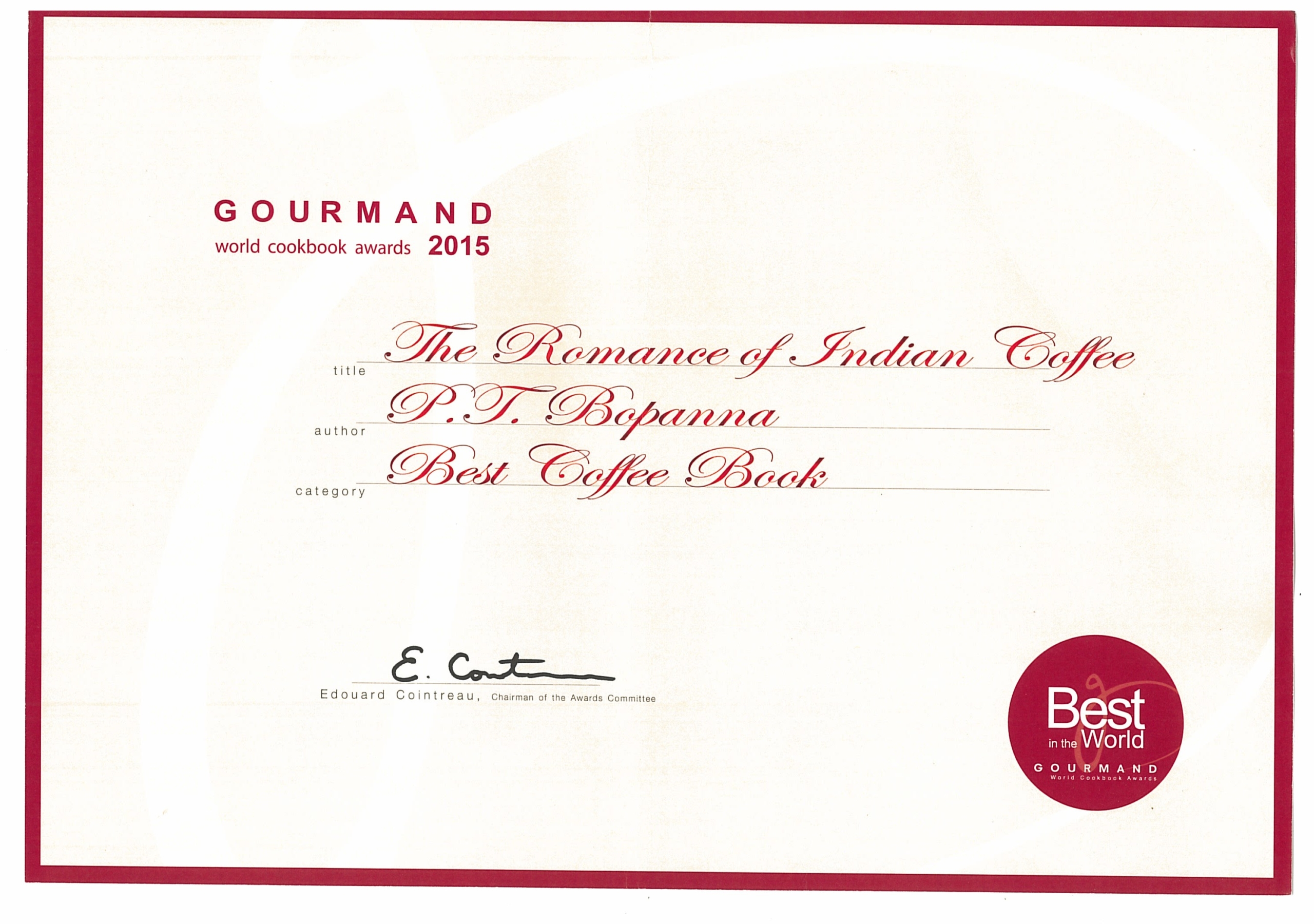 ‘THE ROMANCE OF INDIAN COFFEE’ WINS GOURMAND INTERNATIONAL AWARD